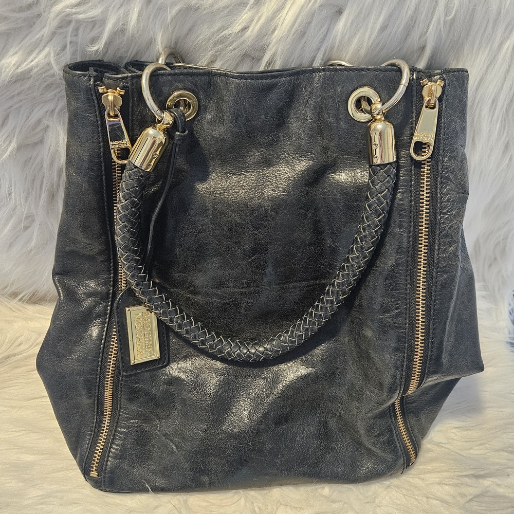 Badgley Mischka Myra Black Metallic Shoulder Tote Bag with Gold Accent Hardware